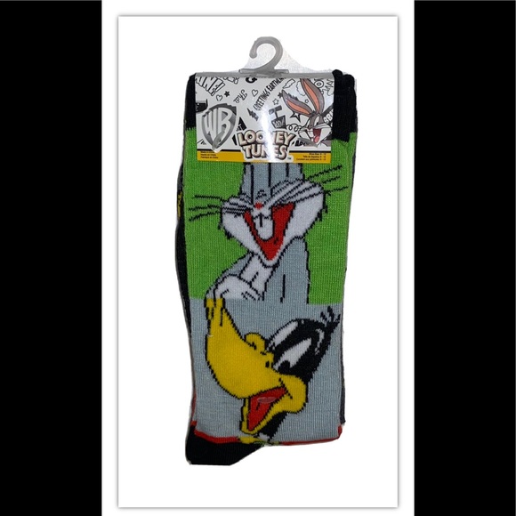 Bugs Daffy Marvin Sylvester Crew Socks 2Pair Men 6-12  Black Looney Tunes WB NEW - Picture 1 of 12
